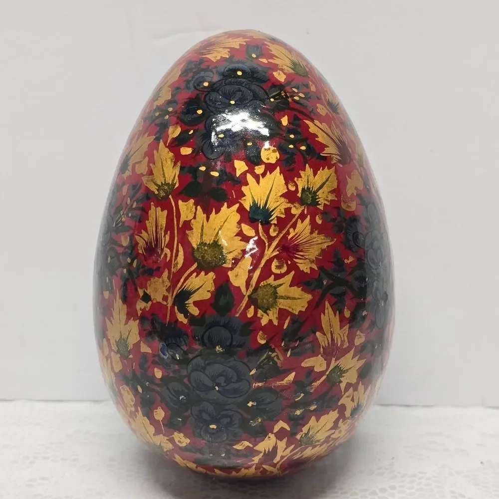 Vintage Handpainted Russian Folk Art Lacquered Papier Mache Floral Easter Egg